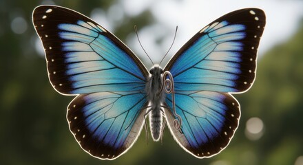 Vibrant blue Morpho butterfly with open wings backlit in nature