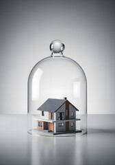 House under glass dome, minimalist design, gray and brown colors, conceptual art