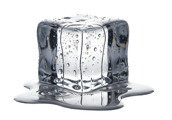 Melting Ice Cube with Water Pooling Isolated on White and Transparent Background