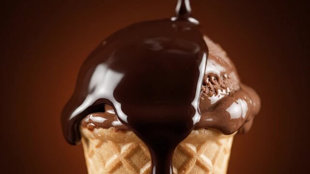 Chocolate sauce being poured on ice cream cones in a close-up shot