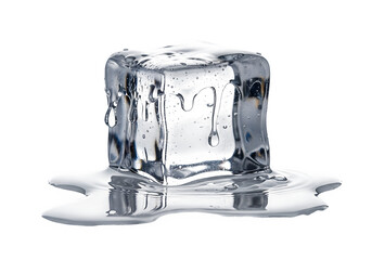 Melting Ice Cube with Water Pooling Isolated on White and Transparent Background