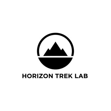 Simple black circle logo with mountain peaks and text underneath on a white background