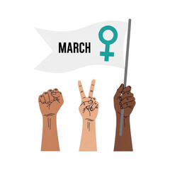 Three hands with different skin tones holding up a white flag with a pink female symbol, isolated on transparent background