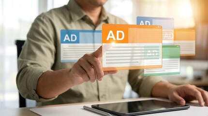 Businessman interacting with holographic digital advertisements floating above a modern office desk setup