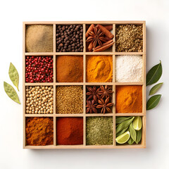 Assorted colorful spices arranged in wooden compartment box