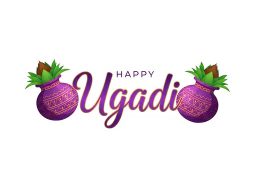 Happy Ugadi festive greeting with decorative purple pots and text