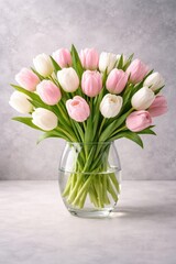 Obraz premium Pink and white tulips in glass vase with water on bright surface, elegant spring bouquet with soft daylight