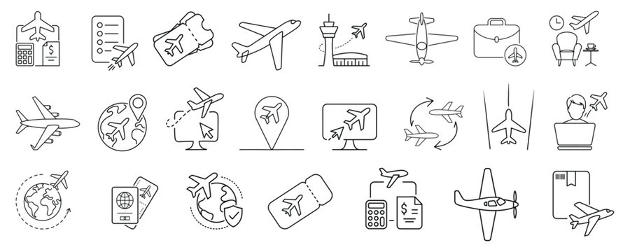Set of 24 outline icons related to plane. Linear icon collection. Editable stroke. Vector illustration. Isolated on white background