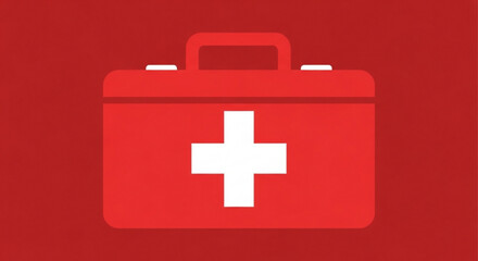 Obraz premium Red first aid kit with white cross on front handle on top and latches on red background symbolizing medical emergency preparedness and healthcare