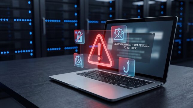 Laptop displaying a security alert with various cyber threat icons.