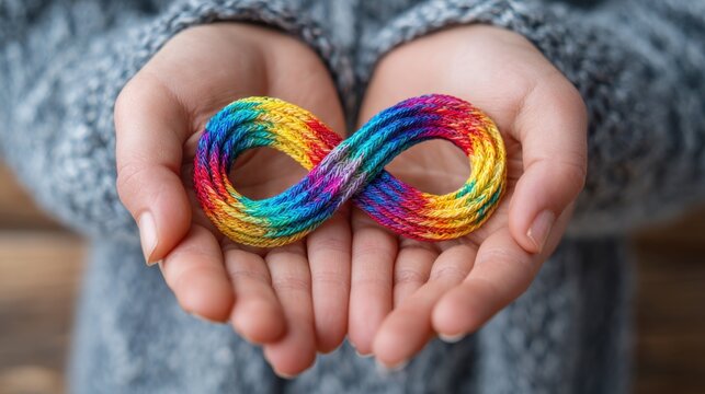 Hands holding rainbow infinity symbol for autism awareness and support on special day