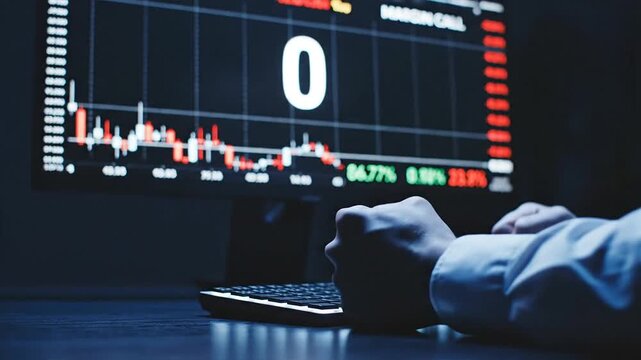 Trader watching stock market crash and margin call on screen.