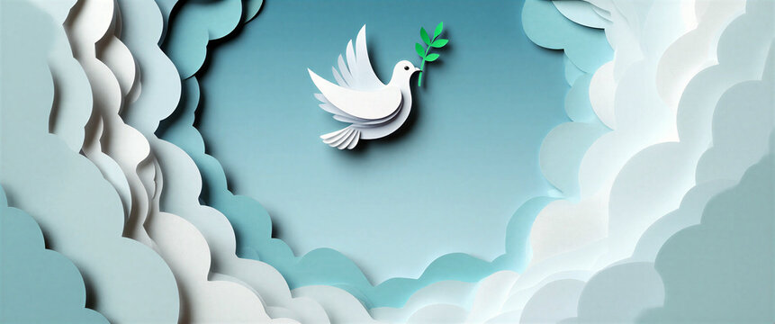 Beautiful paper art of a white dove flying with olive branch in sky scene
