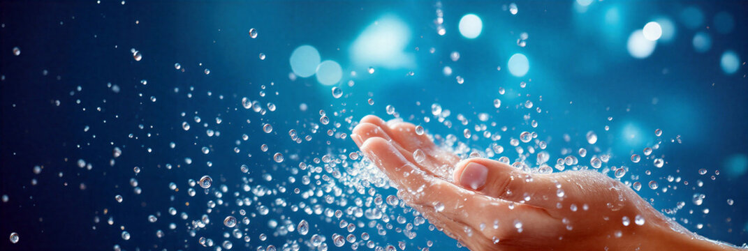 Closeup of a hand catching sparkling water droplets with vibrant blue lights in background