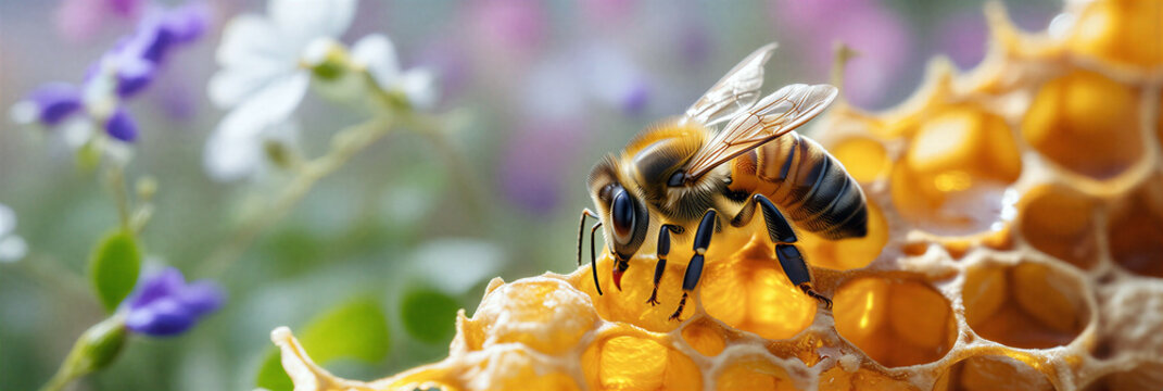 Closeup view of a honeybee working on golden honeycomb with natural flowers in background