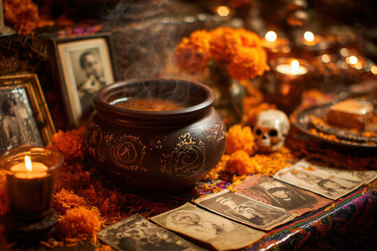 Day of the Dead altar with clay pot, marigolds, candles and skull for Mexican tradition