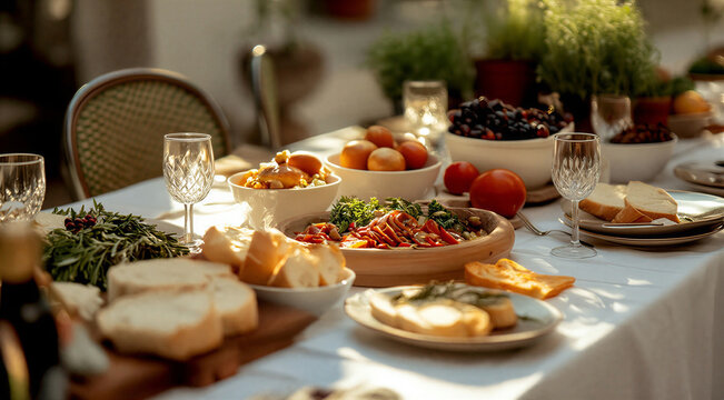 Delicious rustic outdoor dining table filled with fresh bread fruits and appetizers in natural sunlight