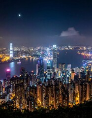 Obraz premium Illuminated cityscape at night, showcasing buildings and a waterway