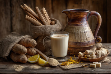 Traditional horchata drink with fresh chufa tubers cinnamon and rustic pottery on wooden table