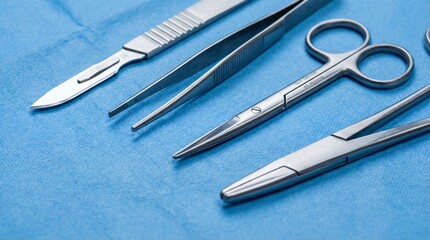 Fototapeta premium Surgical instruments including scalpel forceps scissors and hemostat on blue sterile cloth