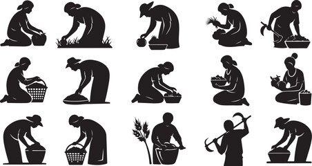 Obraz premium Farmers at work in various agricultural settings silhouette collection