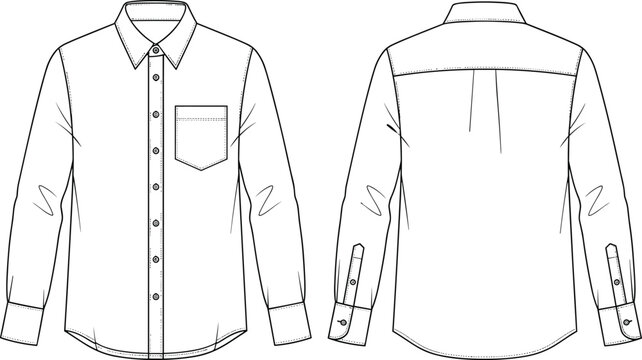 Vector technical fashion flat sketch of men's long sleeve button up dress shirt with collar front and back view isolated on white background.