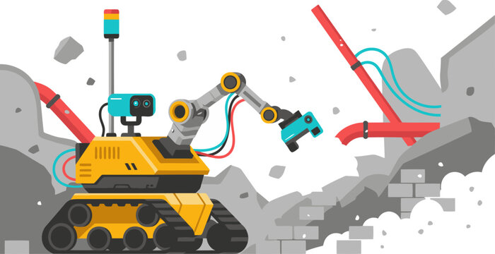 An autonomous robot meticulously clears debris from a collapsed building site. A dynamic, industrial scene showcasing robotic technology and disaster recovery.