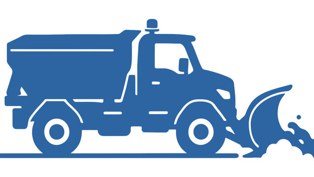 Blue snow plow truck clearing icy road in winter