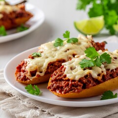 Fototapeta premium Savory Stuffed Potato Halves Baked with Seasoned Ground Meat and Melted Cheese