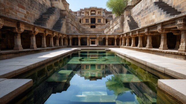 Ancient stepwell architecture in Gujarat with geometric symmetry copy space
