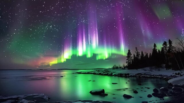 Aurora Borealis Milky Way Galaxy Reflections on Lake Simulated Nothern Lights, Time-lapse of ever-changing colorful aurora.
a dramatic night view with the bright green aurora borealis.
