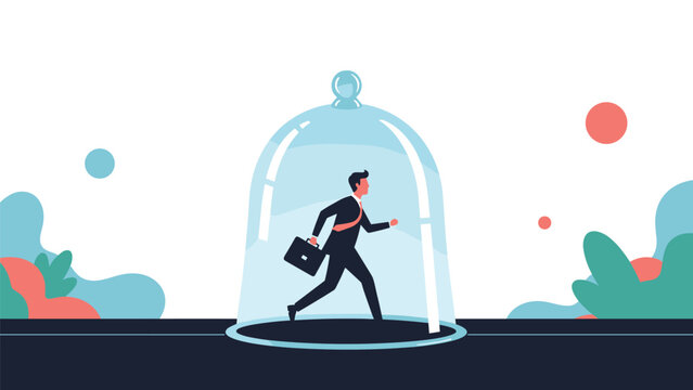 Corporate businessman runs on a treadmill inside a glass bell jar representing isolation, quarantine, or feeling trapped in his career.