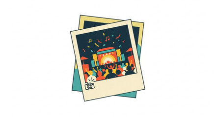 Vibrant polaroid photos of a lively party with confetti and a stage festive atmosphere and joyful celebration
