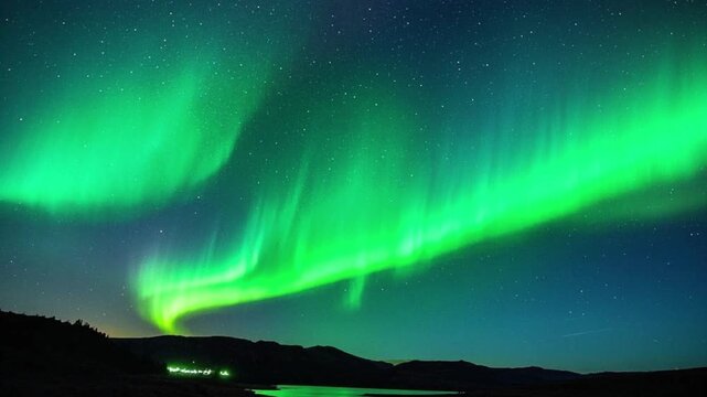 Aurora Borealis Milky Way Galaxy Reflections on Lake Simulated Nothern Lights, Time-lapse of ever-changing colorful aurora.
a dramatic night view with the bright green aurora borealis.