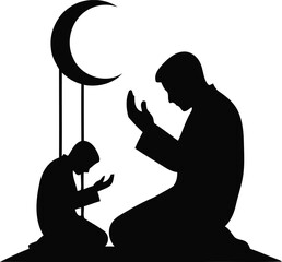 Man and child praying together under a crescent moon silhouette. © ZASNA