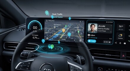 Modern car dashboard with digital screens displaying navigation and data
