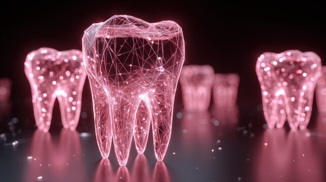 An artistic, glowing, and futuristic digital teeth are featured, showcasing the innovation in dental care.  ..Created with Generative AI, not depicting real subjects.
