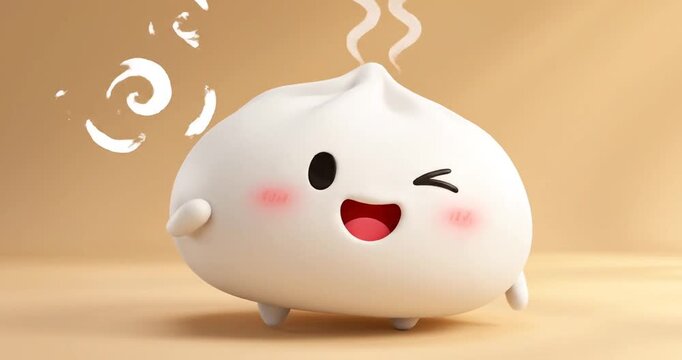 Cute cartoon dumpling character with a joyful expression against a soft beige background