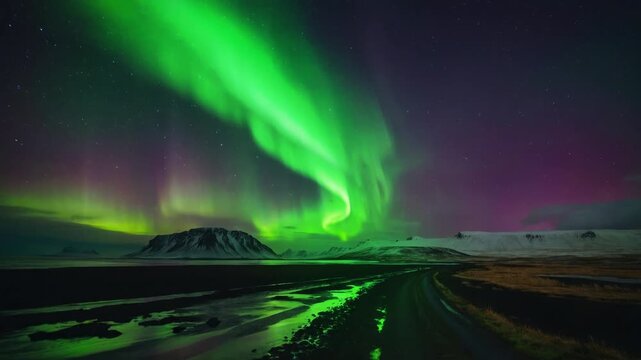 Aurora Borealis Milky Way Galaxy Reflections on Lake Simulated Nothern Lights, Time-lapse of ever-changing colorful aurora.
a dramatic night view with the bright green aurora borealis.