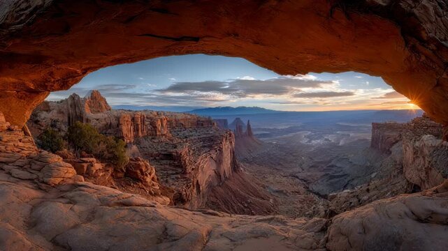 Mesa arch panorama at sunrise, golden light over canyon landscape, canyonlands national park, utah, usa scenic outdoor travel nature background