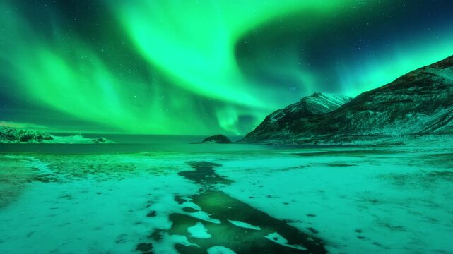 This animation of the northern lights was created in Adobe After Effects. Northern lights and the starry sky reflecting on the water.
Beautiful green and red aurora dancing over the hills.