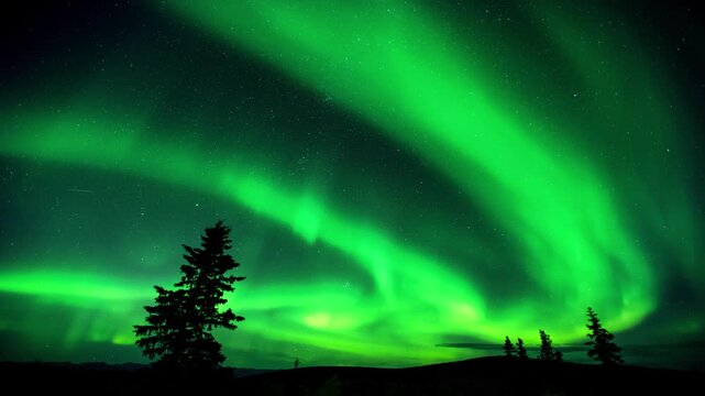 This animation of the northern lights was created in Adobe After Effects. Northern lights and the starry sky reflecting on the water.
Beautiful green and red aurora dancing over the hills.