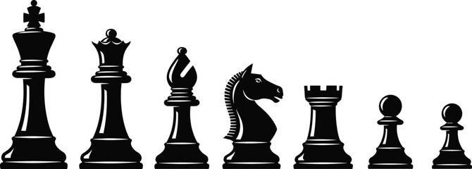 Black chess pieces silhouette set, king queen bishop knight rook pawn isolated on white background strategic game concept © MdMosraful