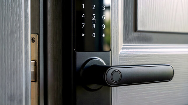 Smart lock with numeric keypad on a modern front door
