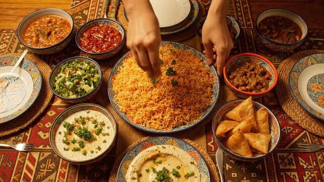 Hands serving traditional Middle Eastern dishes on a vibrant tablecloth with various bowls of food