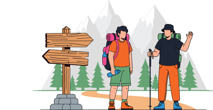 Flat vector illustration of two male hikers with backpacks standing by a wooden signpost on a forest trail with mountains in background.