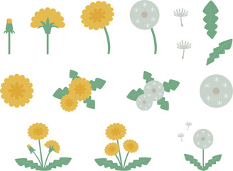 簡易的でシンプルな北欧風カラーのかわいいタンポポと綿毛のパーツ個別素材のベクターイラストセット © みつば 328