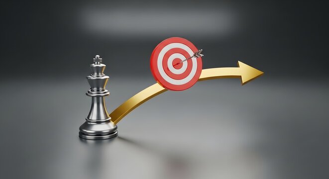 Chess piece targeting red bullseye with golden arrow success strategy
