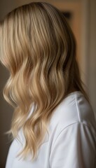 Fototapeta premium Blonde Woman Profile With Wavy Hair Freelance Writer Pausing In Soft Indoor Light, Neutral Background And White Blouse, ShoulderLength Tresses With Glossy Highlights, Minimal Makeup, Serene