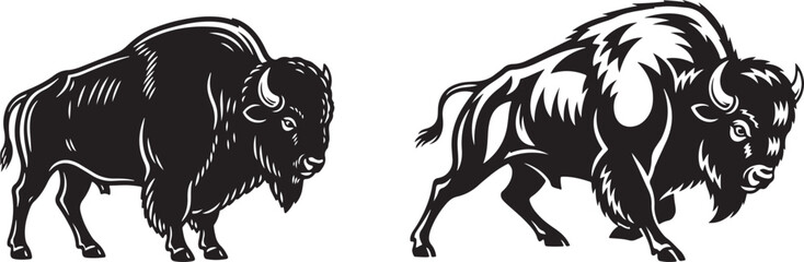 American Buffalo Vintage Engraving Style Illustration. Detailed American bison illustration in black and white,